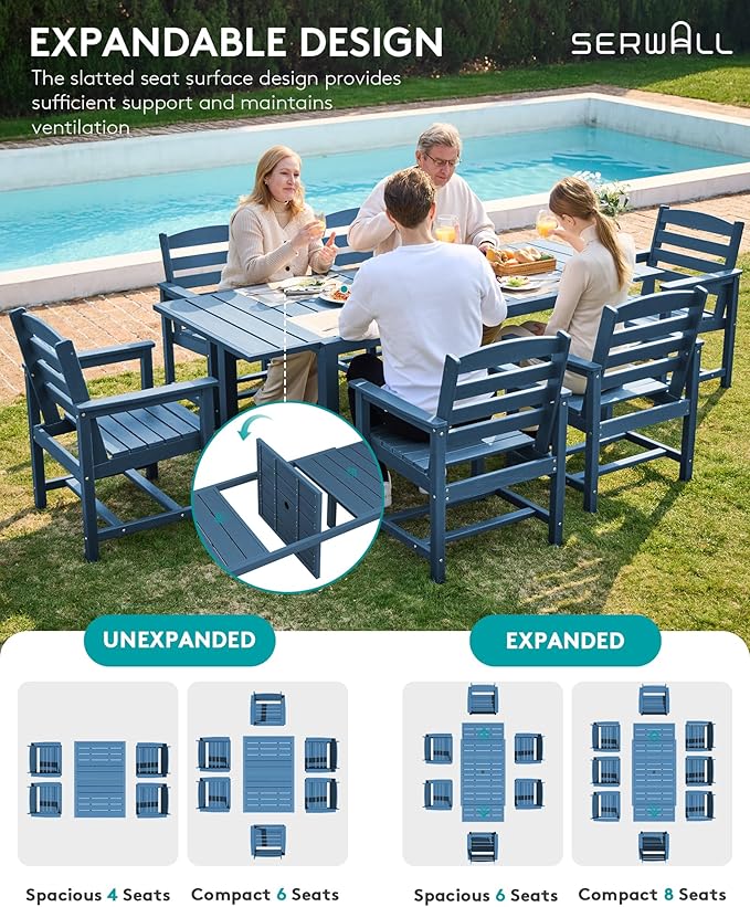 SERWALL 7-Piece Patio Dining Sets, 60" - 83" Expandable Outdoor Dining Table and 6 HDPE Chairs, All Weather HDPE Outdoor Furniture Set for Backyard, Garden, Blue