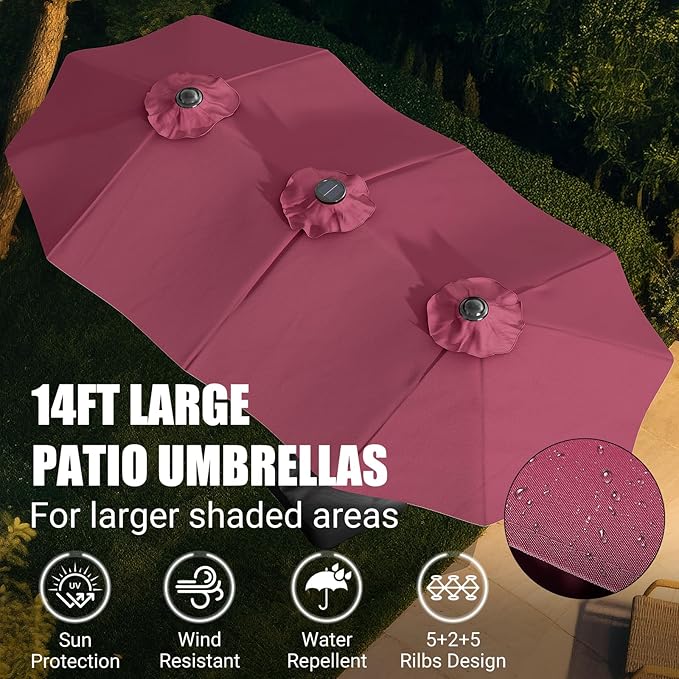 LEVELEVE 14FT Double-Sided Patio Umbrella with Base Included, Large Outdoor Rectangular Market Umbrella for Backyard, Poolside, Lawn & Garden,Red