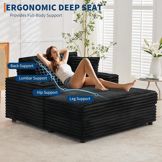 GarveeHome Oversized Chaise Lounge Chair Indoor, 56x60 in Comfortable Corduroy Lounge Sofa with Charging Ports & Cup Holders, Cozy Reading Couch for Bedroom Living Room Apartment, Black