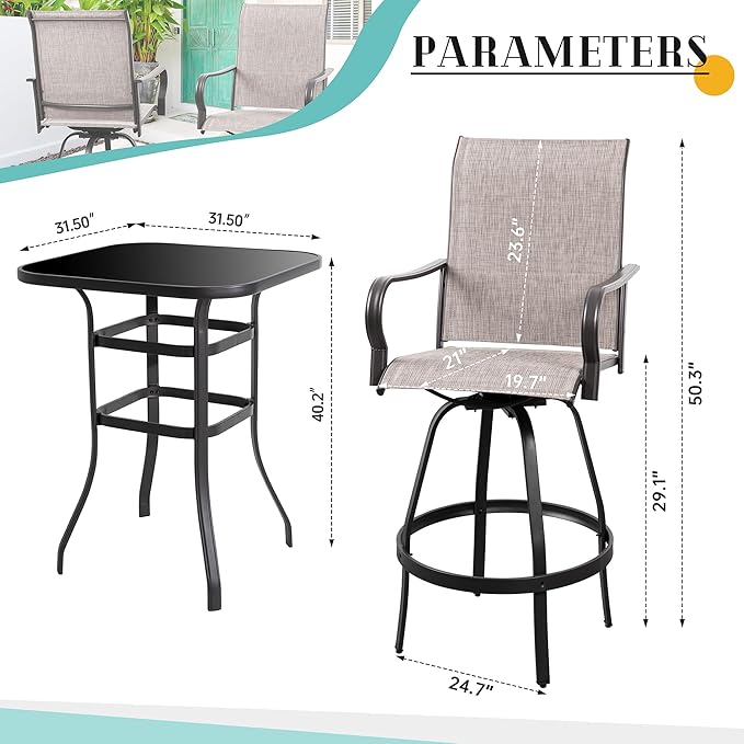 Vongrasig 3 Piece Patio Swivel Bar Set, All Weather Mental Textilene High Swivel Stools Chair Set of 2 and Glass Bar Table, Outdoor High Top Bistro Set for Lawn Garden, Balcony, Taupe