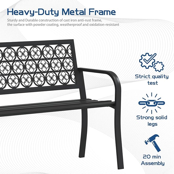 50" Outdoor Bench, Metal Weatherproof Garden Bench Cast Iron Heavy-Duty Patio Bench with Decorative Backrest for Proch Park 880lb Capacity