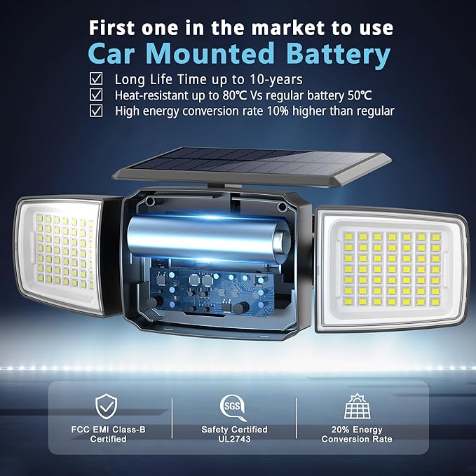 Solar Security Light Outdoor Super Bright LED, Motion Sensor Flood Light, 3 Heads 270° Wide Angle,Remote Control, IP65 Waterproof, 3 Modes (4 Packs)