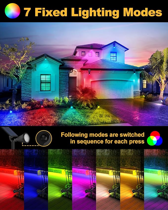 Solar Spot Lights Outdoor Color Changing, 7 Modes/14 LED Outdoor Solar Lights for Yard, Waterproof RGB Multicolor Solar Landscape Spotlights Auto On/Off for Flood, Yard, Tree, Pathway, 10 Pack