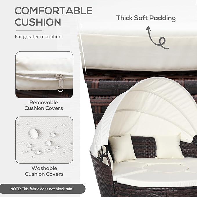 Outsunny 4-Piece Round Convertible Daybed with Cushions, Outdoor PE Rattan Patio Wicker Sofa Set, Sunbed with Adjustable Sun Canopy, Sectional Sofa, 2 Chairs, Table, 3 Pillows, Cream White