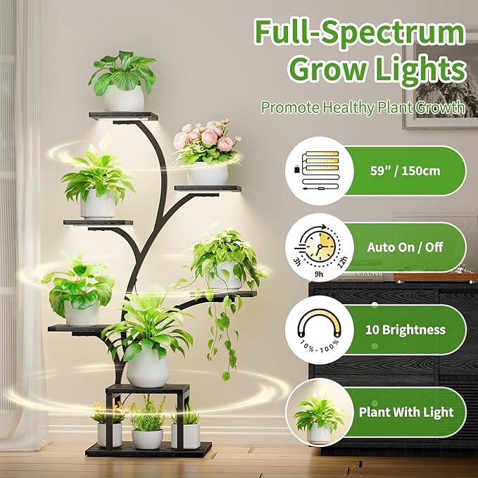 Plant Stand Indoor with Grow Lights, 7 Tiered Indoor Plant Shelf, 49" Corner Plant Stands for Indoor Plants, Metal Plant Flower Display Shelf, Tree-Shaped Plant Rack for Home, Black