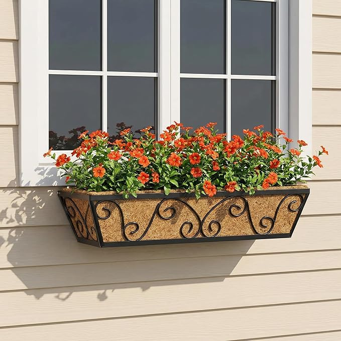 Y&M 24 Inch Window Deck with Coco Liner, Fence Metal Hanging Flower Planter Window Basket Deck Railing Planter Boxes for Outdoor Garden Lawn-Butterfly,2pcs