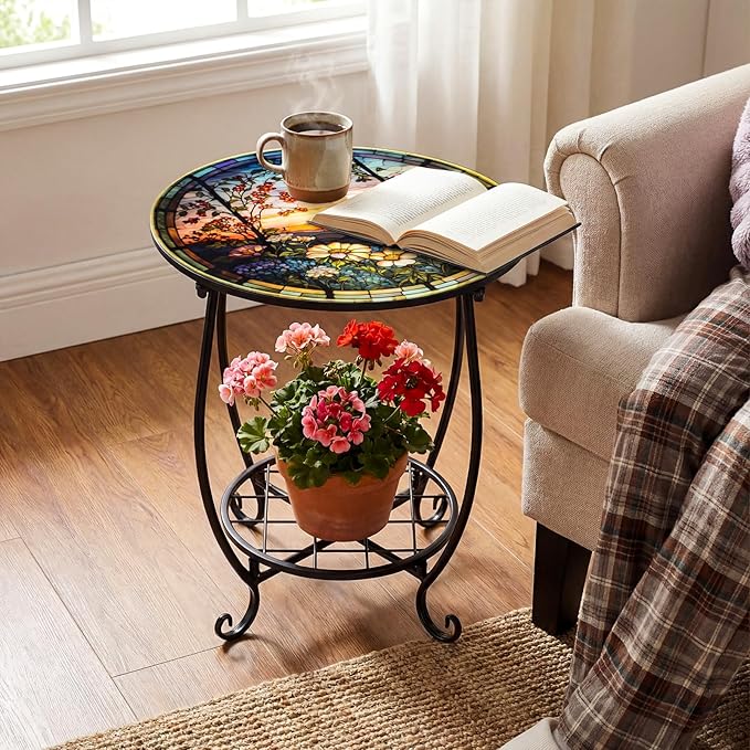 Outdoor Side Table Round Small Mosaic Patio Accent Indoor End Plant Coffee Tea Table for Yard Patio Porch Garden Living Room, Bedroom(Sunset and Flowers,14 Inch)