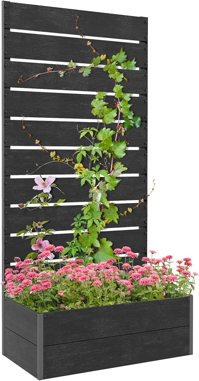 Outsunny Raised Garden Bed with Trellis for Climbing Plants, Planter Box with Self Draining Gap, Freestanding Trellis Planter for Outdoor, Patio, Deck, 28.25" x 15" x 59", Black
