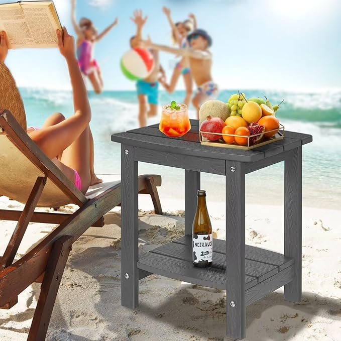 Y&M Outdoor Side Table, HIPS Adirondack Small Double Layer Table, Waterproof Square Balcony Modern End Tables for Patio, Pool, Beach, Porch, Deck, Indoor or Outdoor Use, Dark Gray