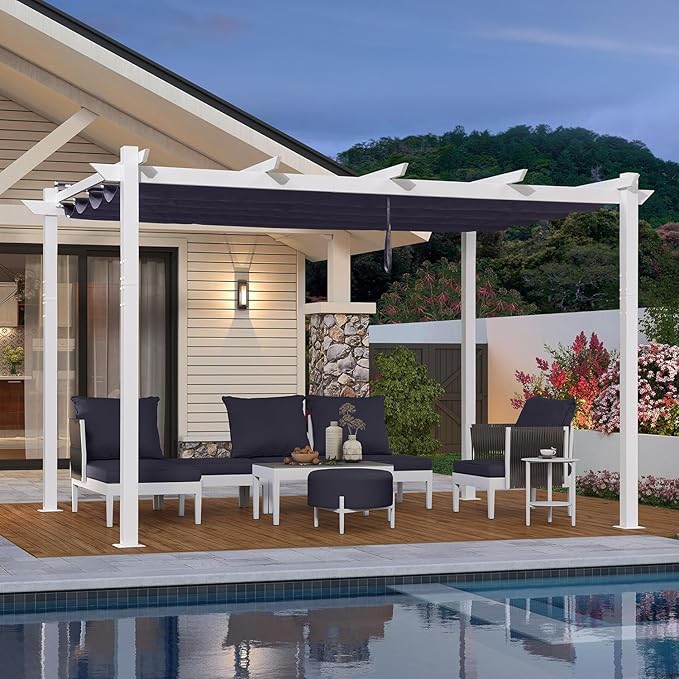 PURPLE LEAF 10' x 13' Patio Retractable Pergola Outdoor White Heavy-Duty Aluminum Pergola Metal with Double Sun Shade Canopy for Backyard Gardens Deck, Navy Blue