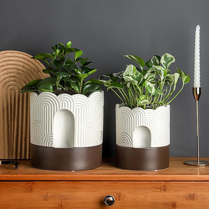 Nihow Self Watering Plant Pot Set: 6 Inch & 8 Inch Ceramic Planter with Drainage Hole & Water Storage Plus - Relief Design Self Watering Pot for Indoor Plants - Beige & Brown Flower Pot -Set of 2