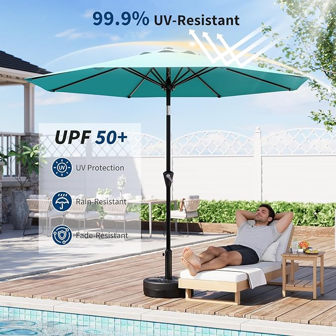 Garvee 9FT Patio Umbrella - Outdoor Table Umbrella with Smooth Crank Lift, Push Button Tilt and 8 Sturdy Ribs - Market Umbrella UV Protection Waterproof for Pool, Deck, Yard, Garden -Sky Blue