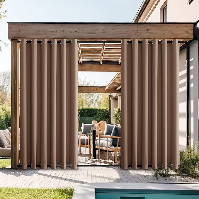 NICETOWN Outdoor Patio Curtains Windproof & Waterproof 2 Panels, Grommet Top & Bottom Wind-Break Thermal Insulated Blackout Extra Wide Weighted Gazebo Blinds for Yard/Porch, Tan, W84 x L108