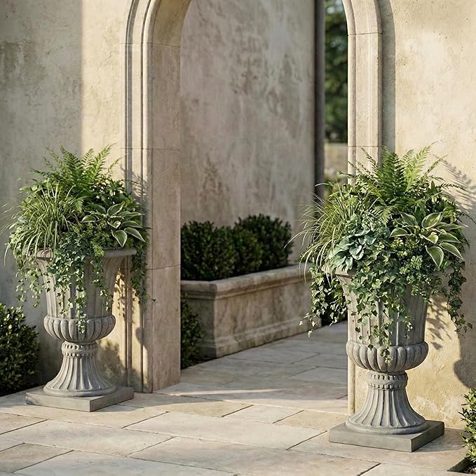 Urn Planters 22", Set of 2, Tall Stone-Resin Pedestal Planters for Outdoor Plants, Large Front Porch Decor, Patio Garden Pots, Outdoor Urns for Entryway, Porch & Deck, Grey Plant Pot