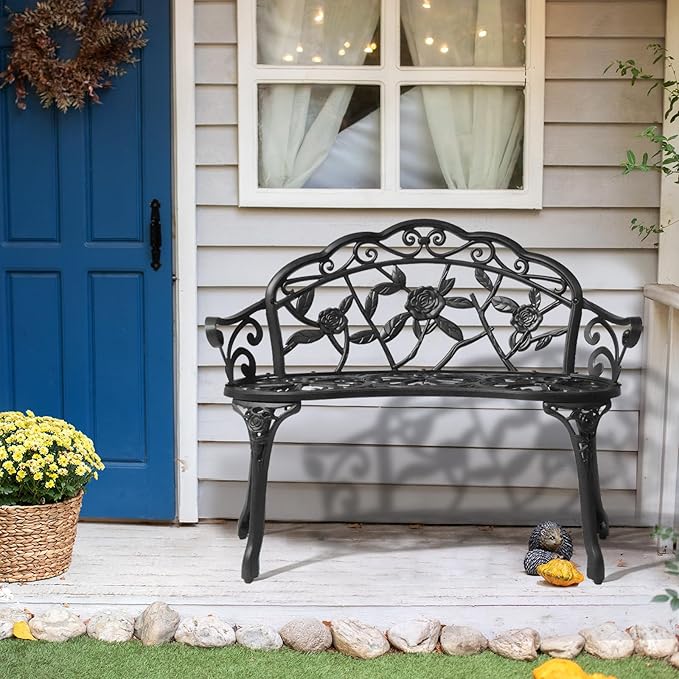 VINGLI 38.5" Patio Park Garden Outdoor Metal Rose Bench, 2-Person Cast Iron Cast Aluminium Frame Antique Finish Chair,Accented Lawn Front Porch Path Yard Decor Deck Furniture (Black, Rose)