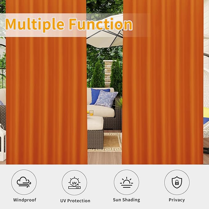 Easy-Going Outdoor Patio Curtains Detachable Tab Top Windproof Weatherproof Curtain for Cabana, Porch, Pergola and Gazebo, Tab Bottom Drape, 2 Panels, 54W x 108L inch, Orange