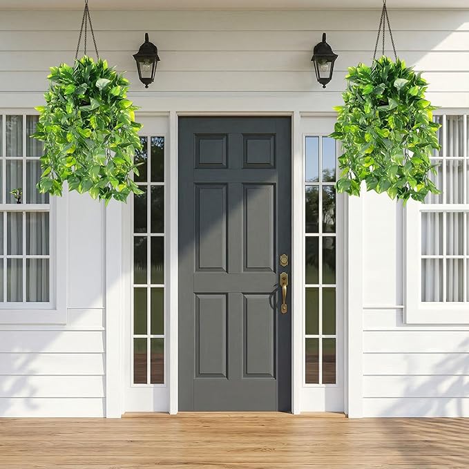 Faux Outdoor Plants Fake Hanging Plants for Outdoors Outside Decorations, 2 Pcs Green Faux Pothos Plant Vines Realistic UV Resistant Artificial Greenery for Planters Porch Garden Yard Front Door Patio