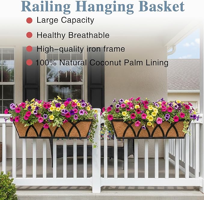 Window Deck Railing Planters Boxes with Coconut Liner, The Bottom Flat Window Boxes Planters Flower Boxes Metal Black Balcony Planter Railing Hanging for Outdoor Fence Porch Patio Lawn(4Pcs 30 Inch)