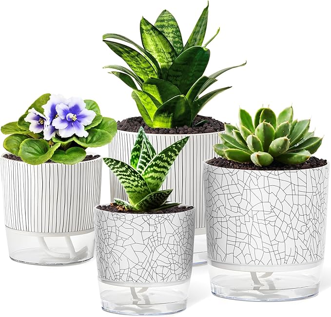 4 Pack Self Watering Pots for Indoor Plants, 4/5.5 Inch Lightweight Planters with Water Reservoir, Flower Pots for African Violet, Spider Plant, Orchid