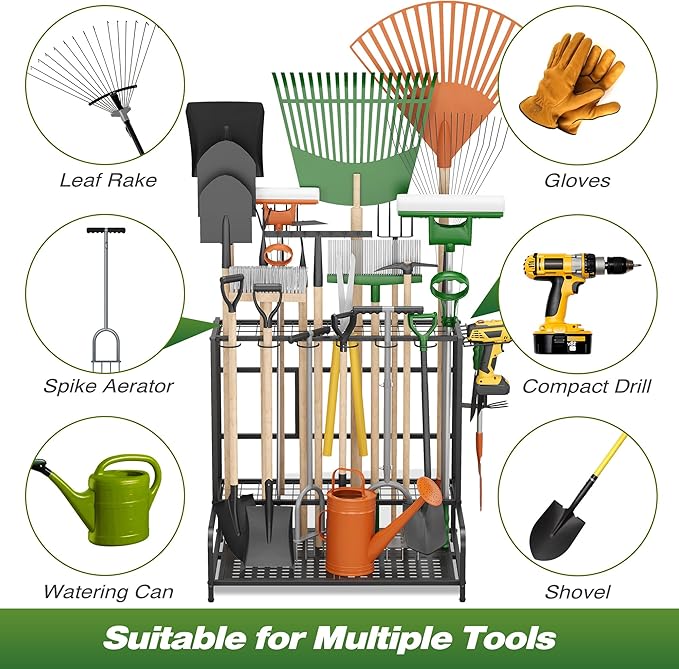 Garden Tool Organizer Rack Up to 39 Tools, Heavy-Duty Steel Yard Tool Organizer for Garage Storage with 12 Hooks, Broom Holder & Garden Tool Rack for Shed, Patio, Outdoor Storage, Black