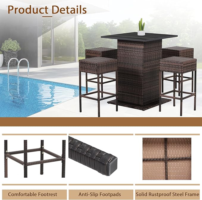 Tangkula 5 Piece Outdoor Rattan Bar Set, Patio Bar Furniture with 4 Cushions Stools and Smooth Top Table with Hidden Storage Shelf, Outdoor Conversation Set for Poolside, Backyard, Lawn