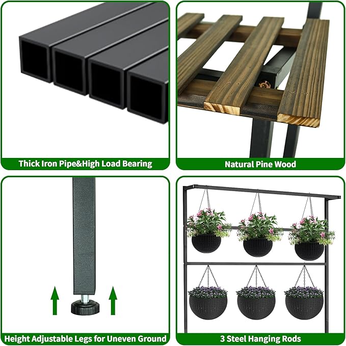 Large Plant Stand Indoor Outdoor, 3 Tier Heavy Duty Hanging Plant Stand with Bar, 60 Inch Tall Metal & Wood Ladder Shape Plant Shelf, Black Plant Display Rack Plant Shelves for Garden Patio Balcony