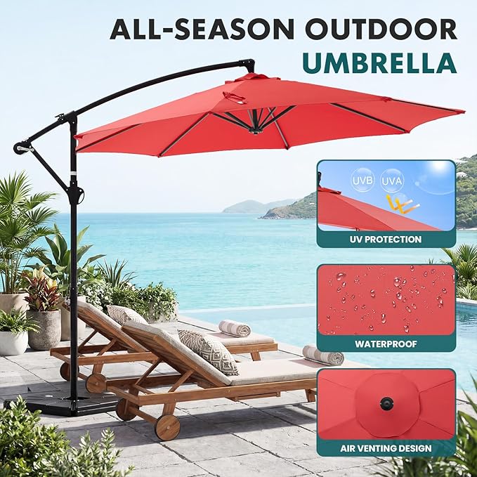 OLIXIS Offset Patio Umbrella, 9.7FT Cantilever Table Umbrellas for Outdoor Sun Shade UV Protection with Easy Tilt Adjustment, 8 Ribs for Backyard, Lawn, Garden, Pool - Red