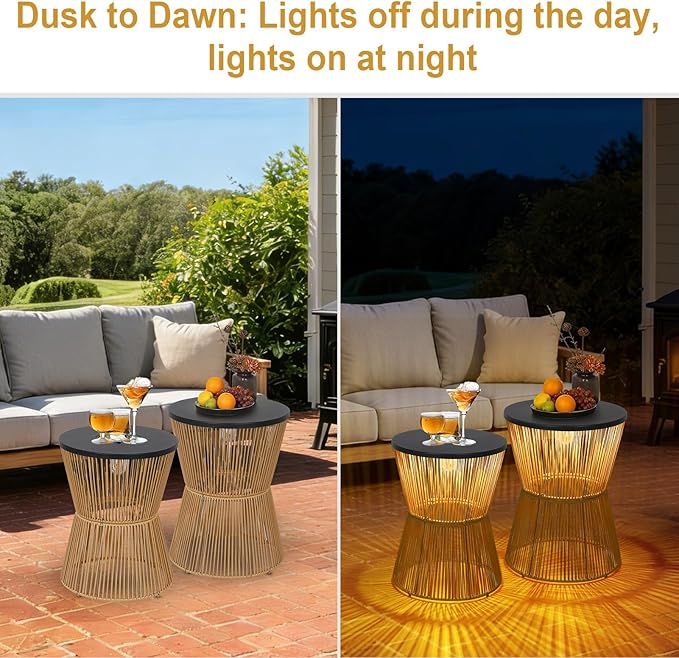 HMVPL Solar Outdoor Side Table with Dimmable Light, Patio Side Tables for Outside, Round Outdoor End Tables Set of 2, Plastic Rattan Patio End Accent Table for Poolside Backyard Gazebo, Dusk to Dawn