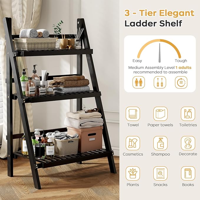 39.4" Foldable Plant Shelf Ladder Shelf, 3 Tier Bamboo Ladder Flower Pot Display Shelf, Freestanding Ladder Bookshelf for Garden, Balcony, Yard, Living Room, 23.6" W x 15" D x 39.4" H, Black