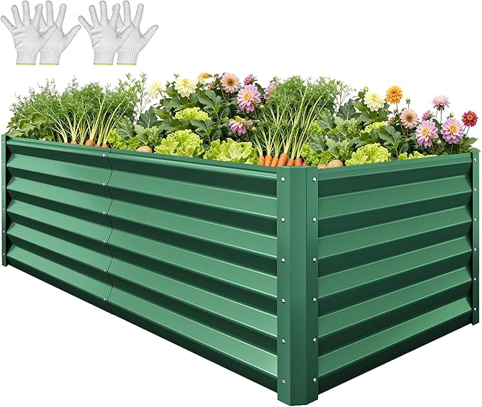 YITAHOME 6x3x3ft Large Raised Garden Bed Kit, Galvanized Metal Planter Box with Gloves, Support Rod, Outdoor Above Ground Planters for Plants Vegetables Flowers, Green