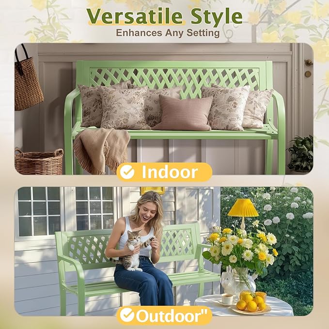 VINGLI 47'' Outdoor Bench, Weather Resistant Garden Patio Bench Powder Coated Iron Frame w/PVC Mesh Backrest Slatted Seat, 2-Person Outdoor Furniture for Front Porch Entryway Park (Green)