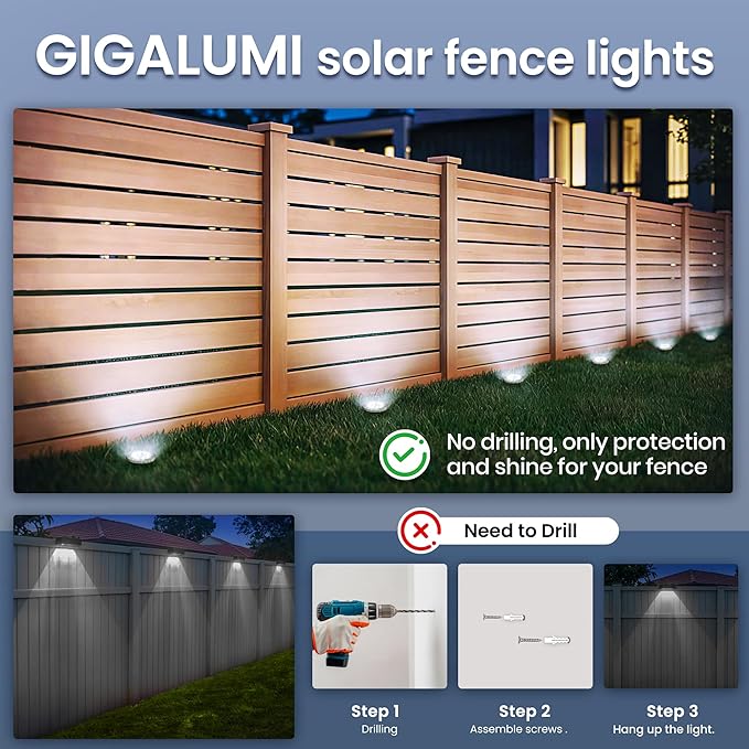 GIGALUMI Solar Ground Lights - No-Drill Fence Lighting Solution, Waterproof Perimeter Lights Compatible with Wood, Metal & Concrete Fences (20 Pack Cool White)