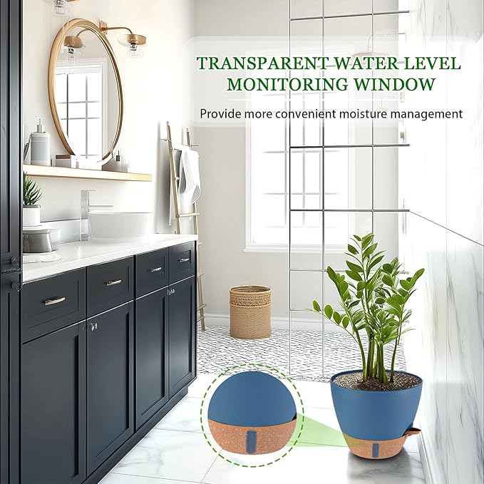 2 Pack 10 inch Plant Pots, Plastic Self Watering Planters with Drainage Holes, Deep Reservoir, Water Level Indicator, Modern Decorative Flower Pots for Indoor Outdoor Plants (Navy Blue, 10 inch)