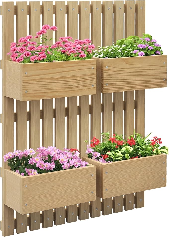 Outsunny 4 Box Raised Garden Bed with Trellis for Vine Flowers & Climbing Plants, 31.5" Tall Wall-Mounted Wood Planter Box Set with Adjustable Height, Drainage Hole, Natural