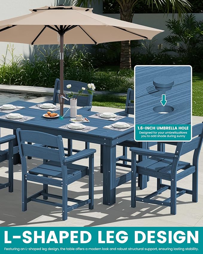 SERWALL Outdoor Dining Table Set, 67‘’ HDPE Patio Dining Set for 6, All-Weather Outdoor Table and Chairs Set for Deck, Blue