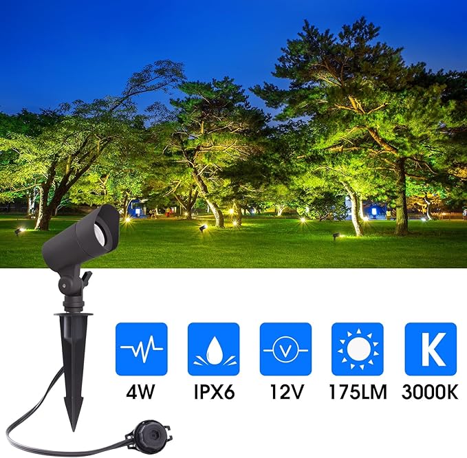 E ENERGETIC LIGHTING LED Landscape Lights with Connectors, 12V Low Voltage, Warm White 3000k, 4W, 175LM, Outdoor Waterproof Garden Pathway Lights Wall Tree Flag Spotlights with Spike Stand, 10 Pack