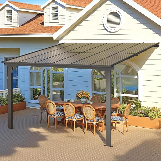 AECOJOY 10' x 12' Adjustable Height Outdoor Lean to Gazebo Pergola for Patio, Large Wall-Mounted 6.5-9.8 Ft Hard Top Metal Heavy Duty Metal Awnings Shelter Pergolas and Gazebos Clearance with Roof