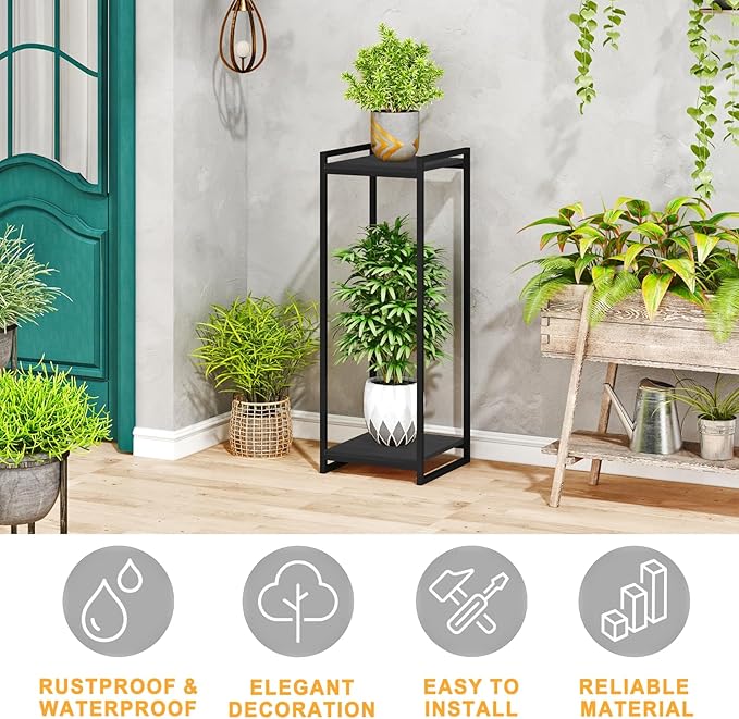 2-Tier Plant Stand Indoor, 34" Tall Modern Plant Shelf Corner Flower Pot Holder Organizer for Living Room Balcony Garden, Black