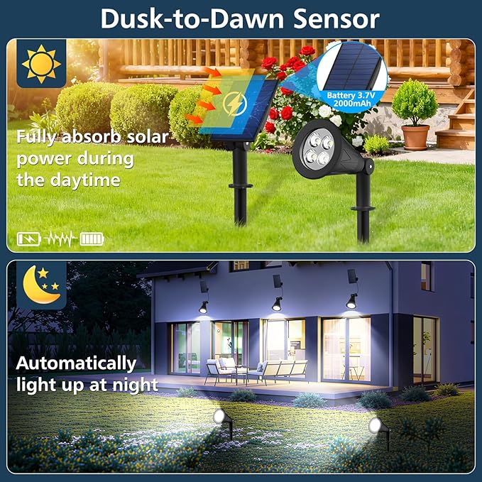 T-SUNUS Christmas Solar Powered LED Spot Light White 6000K, Separated Panel with 9.8ft Cable IP65 Waterproof Spotlights Outdoor Landscape Garden Lights for Flag Patio Yard Driveway Halloween 2 Pack