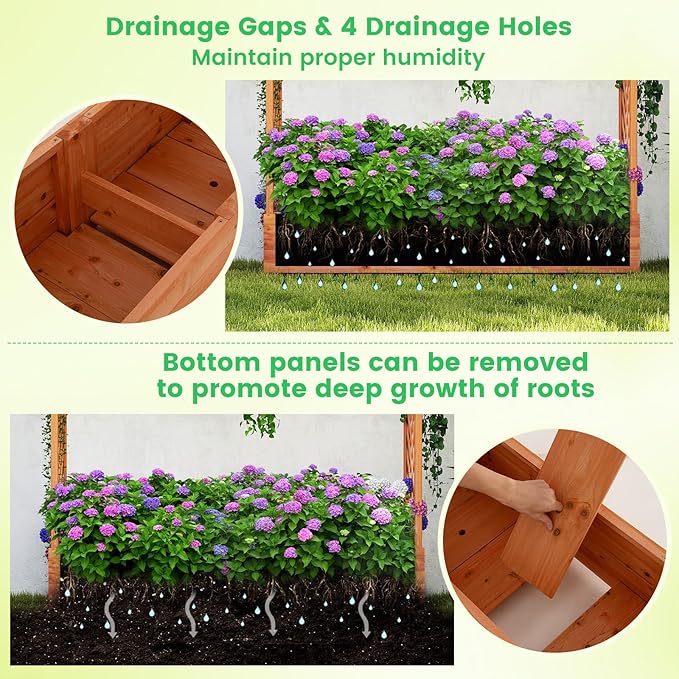 Giantex Raised Garden Bed with Trellis & Hanging Roof, Wood Planter Box with Bottom and Drainage Holes, Freestanding Garden Planter for Flower Vegetable Fruit Herb Climbing Vines, 77"x17"x72"