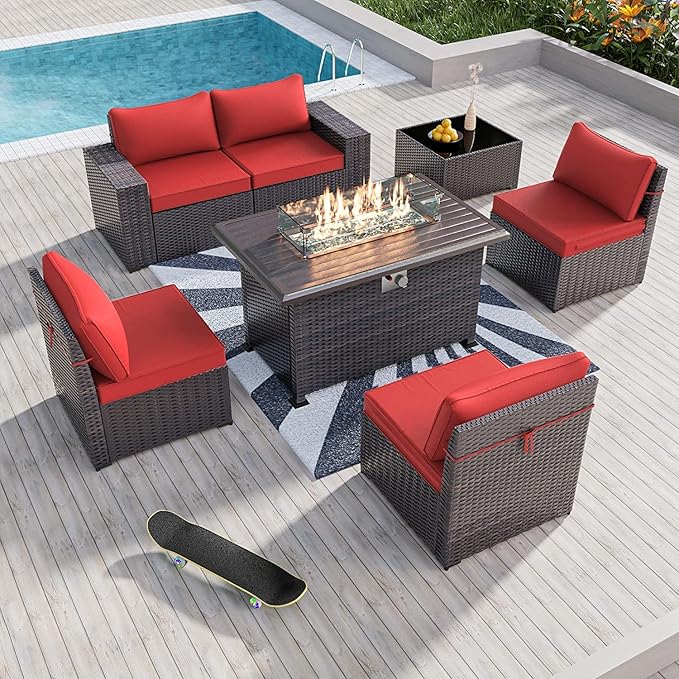 Kullavik 7 Pieces Outdoor Patio Furniture Set with 43" 55000BTU Gas Propane Fire Pit Table PE Wicker Rattan Sectional Sofa Patio Conversation Sets,Red