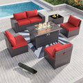 Kullavik 7 Pieces Outdoor Patio Furniture Set with 43" 55000BTU Gas Propane Fire Pit Table PE Wicker Rattan Sectional Sofa Patio Conversation Sets,Red