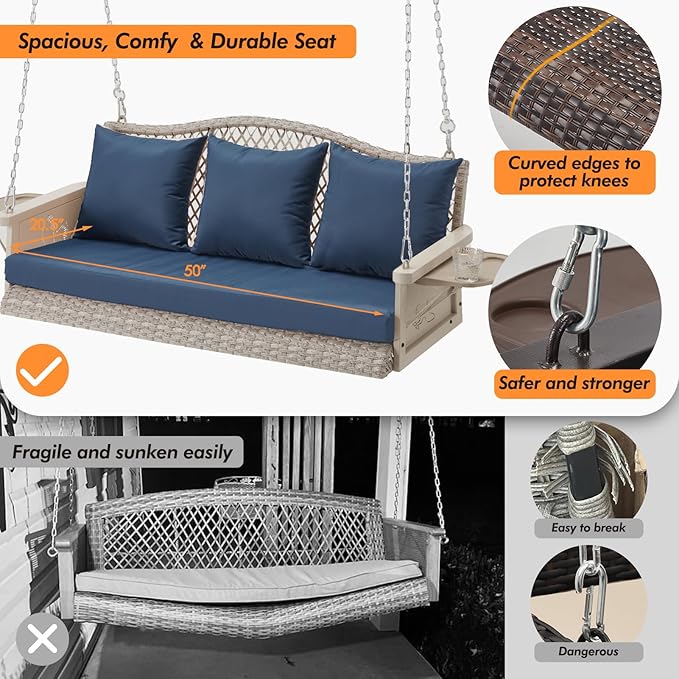 Upgraded Wicker Hanging Porch Swing Heavy Duty 900 LBS 3-Seat Outdoor Patio Swing Chair Bench for Adult w/ 8.9ft Hanging Chains Cushions and Cup Holder(Grey/Blue)