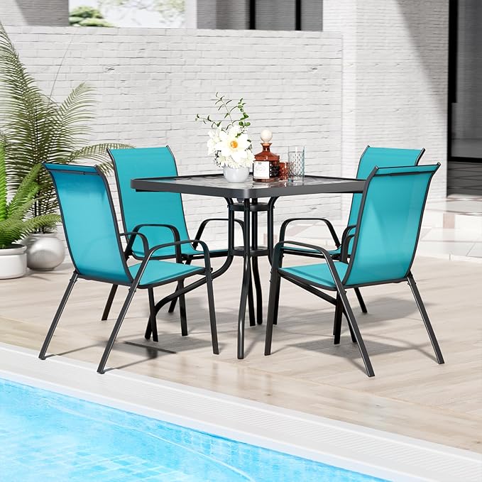 TLSUNNY Patio Dining Set 5 Pieces, All Weather Outdoor Furniture W/30"X 30" Table and 4 Stackable Textilene Chairs, Metal Table and Chairs for Lawn, Garden, Poolside, Backyard (Umbrella not Included)