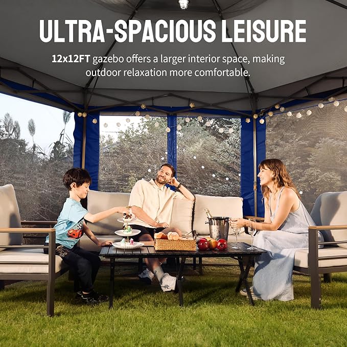 CROWN SHADES 12x12 Pop Up Gazebo with Mosquito Nettings, Patented Center Lock 6-Sided Portable Gazebo, 300D Silver-Coated Fabric UV Resistant, Pop Up Canopy Tent for Patio, Party, Blue&Light Grey