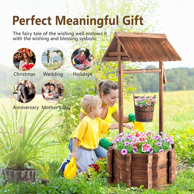VINGLI Wooden Wishing Well Outdoor Planters, Well Covers for Yard with 2 Reinforced Rods, Height Adjustable Hanging Bucket, Rustic Flower Pot Home Decor for Outside Patio Garden