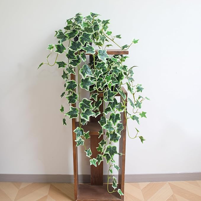 Fake English Ivy Plants in Pots Set of 2 – Realistic Artificial Ivy Greenery for Home Decor, Tabletop, Office, Shelf, Balcony, Lifelike Faux Hanging Vines, No Maintenance Required - White and Green