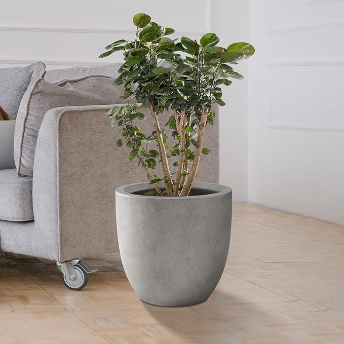 Kante 13.4" Dia Round Concrete Planter, Large Outdoor Modern Indoor Decorative Plant Pots with Drainage Hole and Rubber Plug for Home and Garden, Natural Concrete