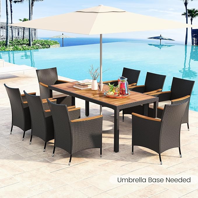 Tangkula 9 Pieces Rattan Outdoor Dining Set for 8, Outdoor Acacia Wood Table Set with 8 Cushioned Wicker Chairs, Umbrella Hole, Patio Dining Furniture Set for Deck Pool Backyard