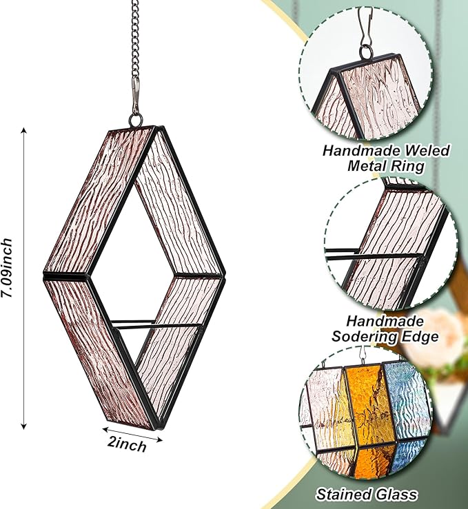 Yaomiao 3 Pcs Stained Glass Hanging Plant Terrariums Hanging Glass Planter Small Geometric Terrarium Air Plant Terrarium with Chain for Succulent Moss Holders Garden Wall Windowsill (Vivid Color)